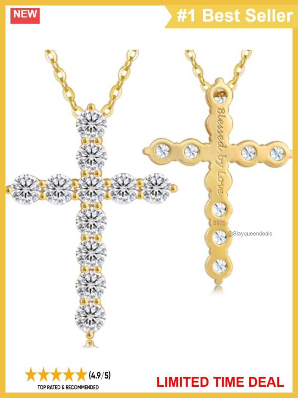 Moissanite Cross Necklace 14k Gold Plated 925 Sterling Silver Pendant Christian